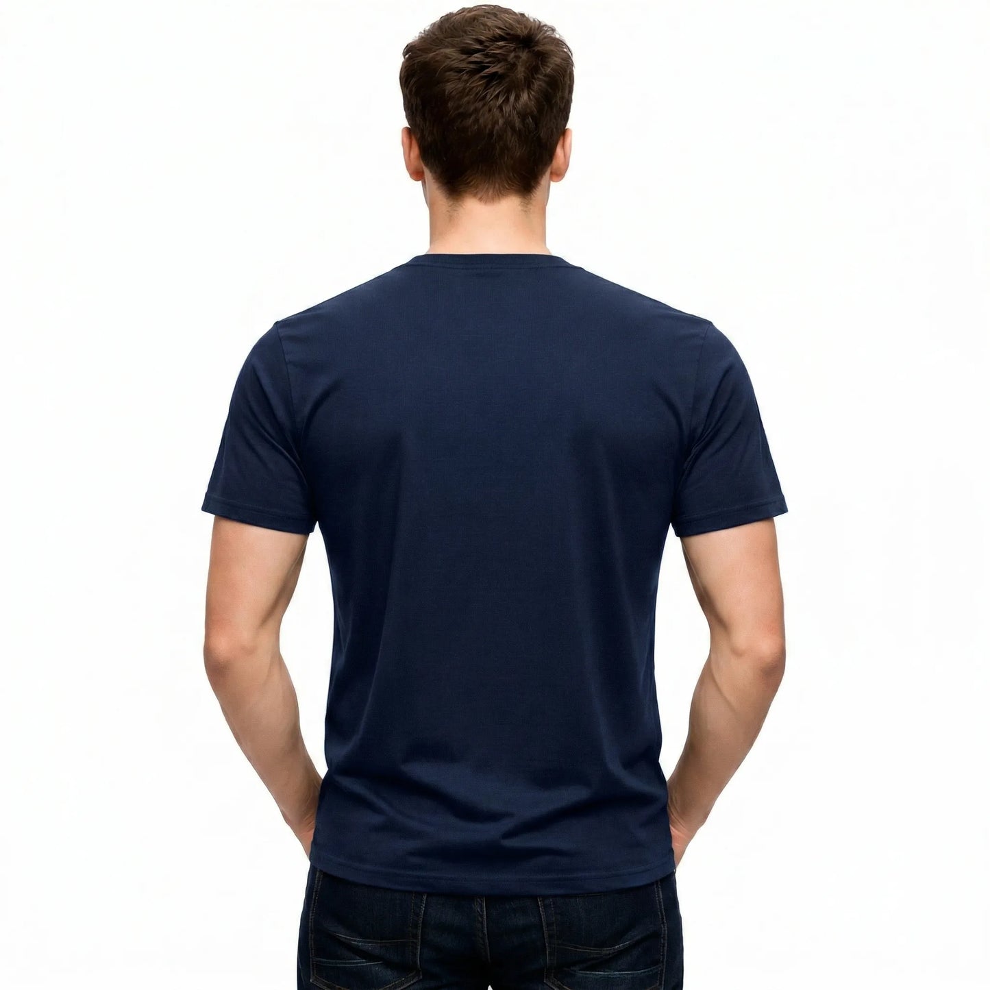 Back view of a male model wearing a blank Indigo 220GSM half sleeve t-shirt made of 100% Australian Combed Cotton.