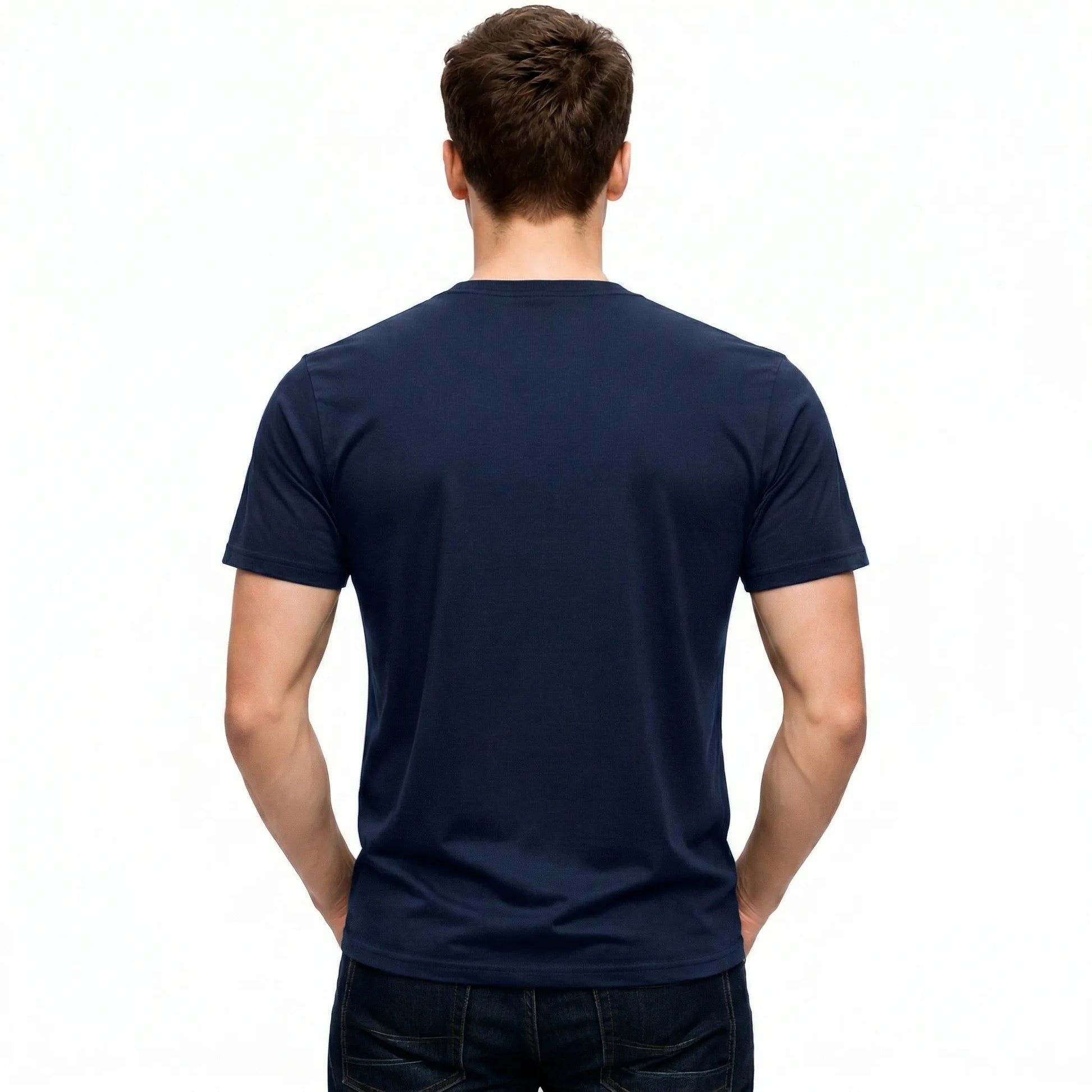 Back view of a male model wearing a blank Indigo 220GSM half sleeve t-shirt made of 100% Australian Combed Cotton.