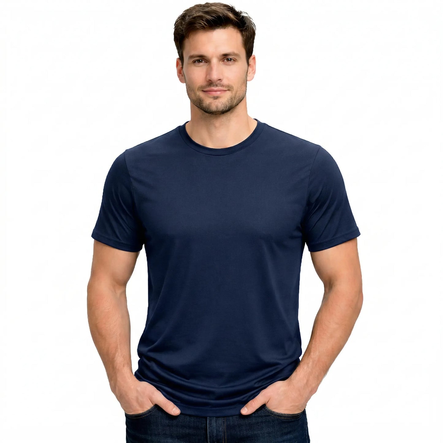 Front view of a male model wearing a blank Indigo 220GSM half sleeve t-shirt made of 100% Australian Combed Cotton.