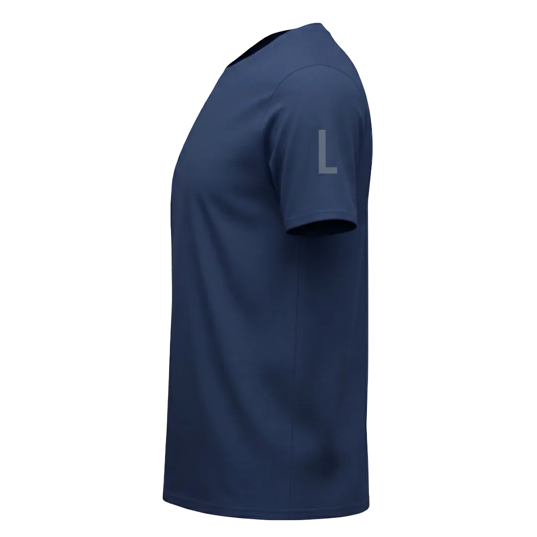 Left Sleeve view of a blank Indigo 220GSM half sleeve t-shirt made of 100% Australian Combed Cotton.