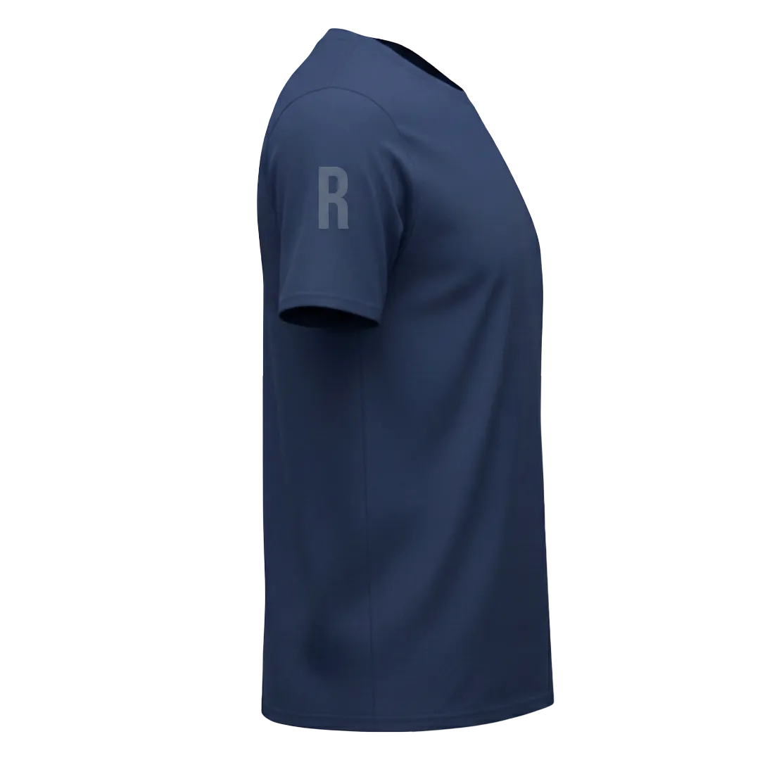 Right Sleeve view of a blank Indigo 220GSM half sleeve t-shirt made of 100% Australian Combed Cotton.