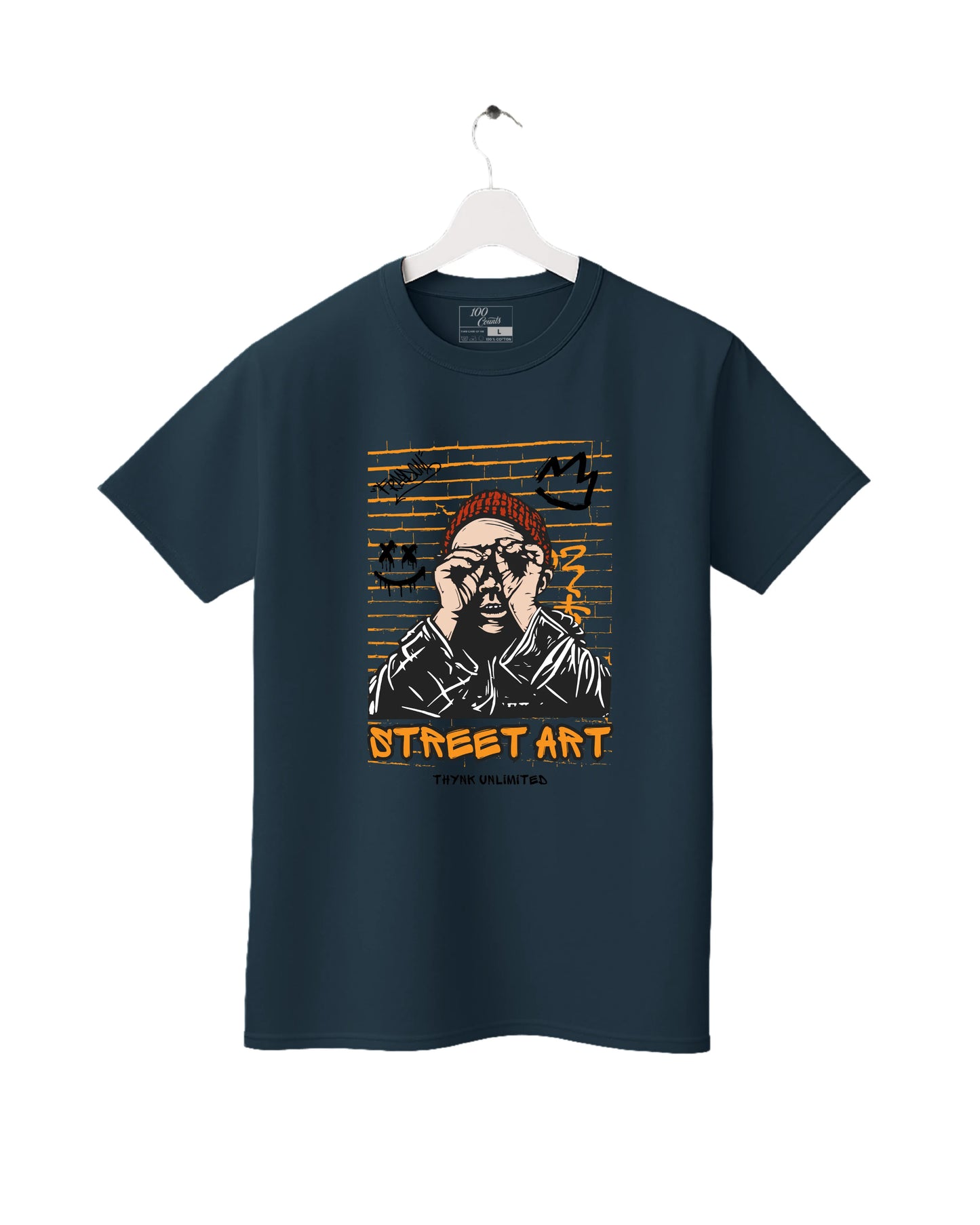 Navy blue t-shirt with street art design on a white background
