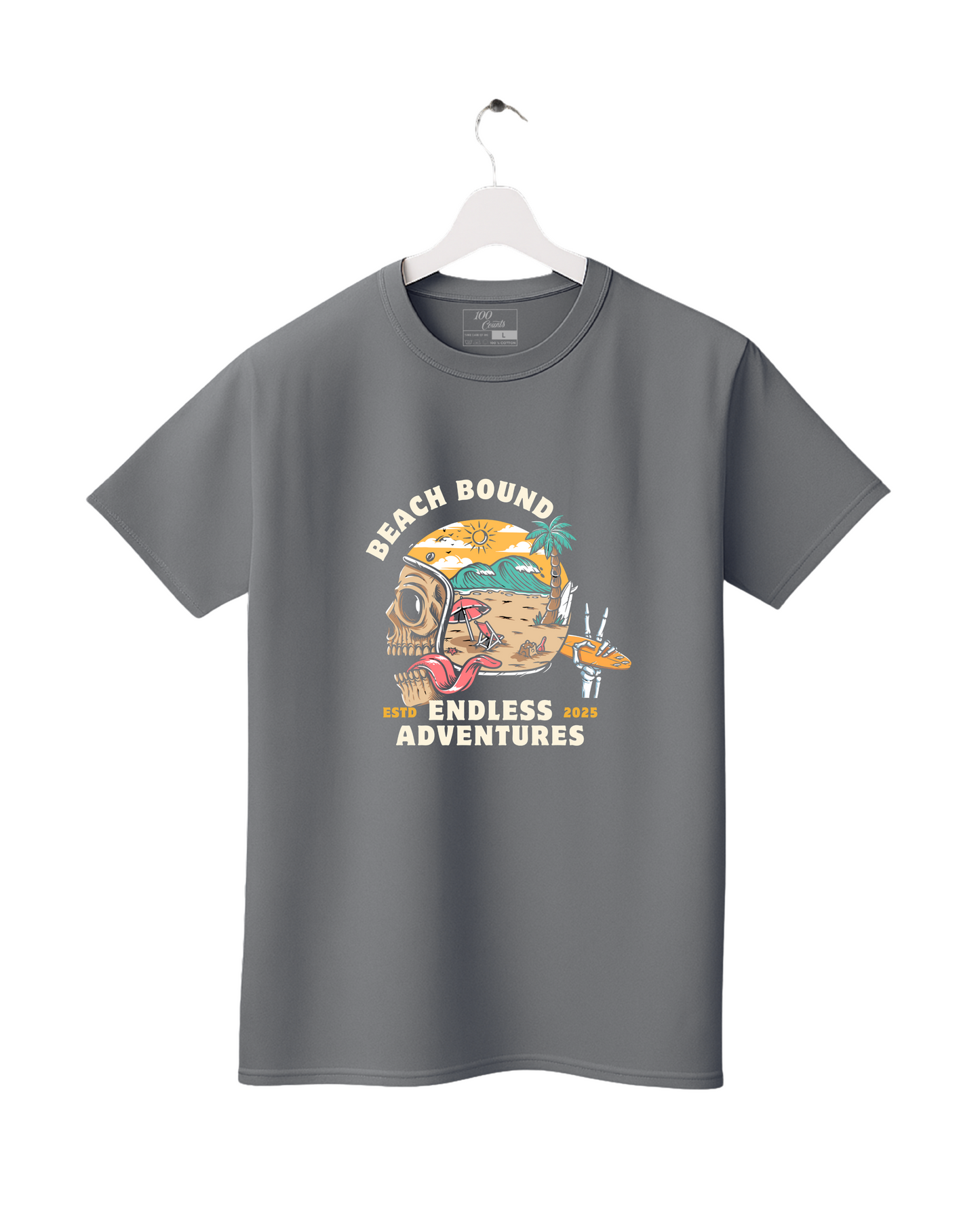 Gray t-shirt with 'Beach Bound Endless Adventures' graphic on a white background