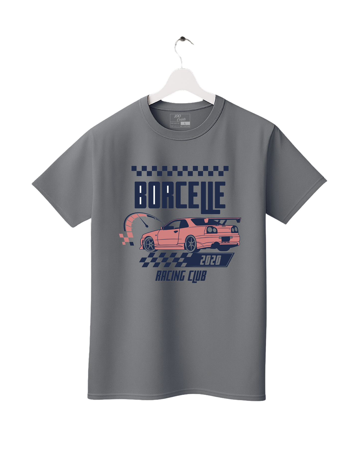 Gray t-shirt with a car graphic and text on a white background
