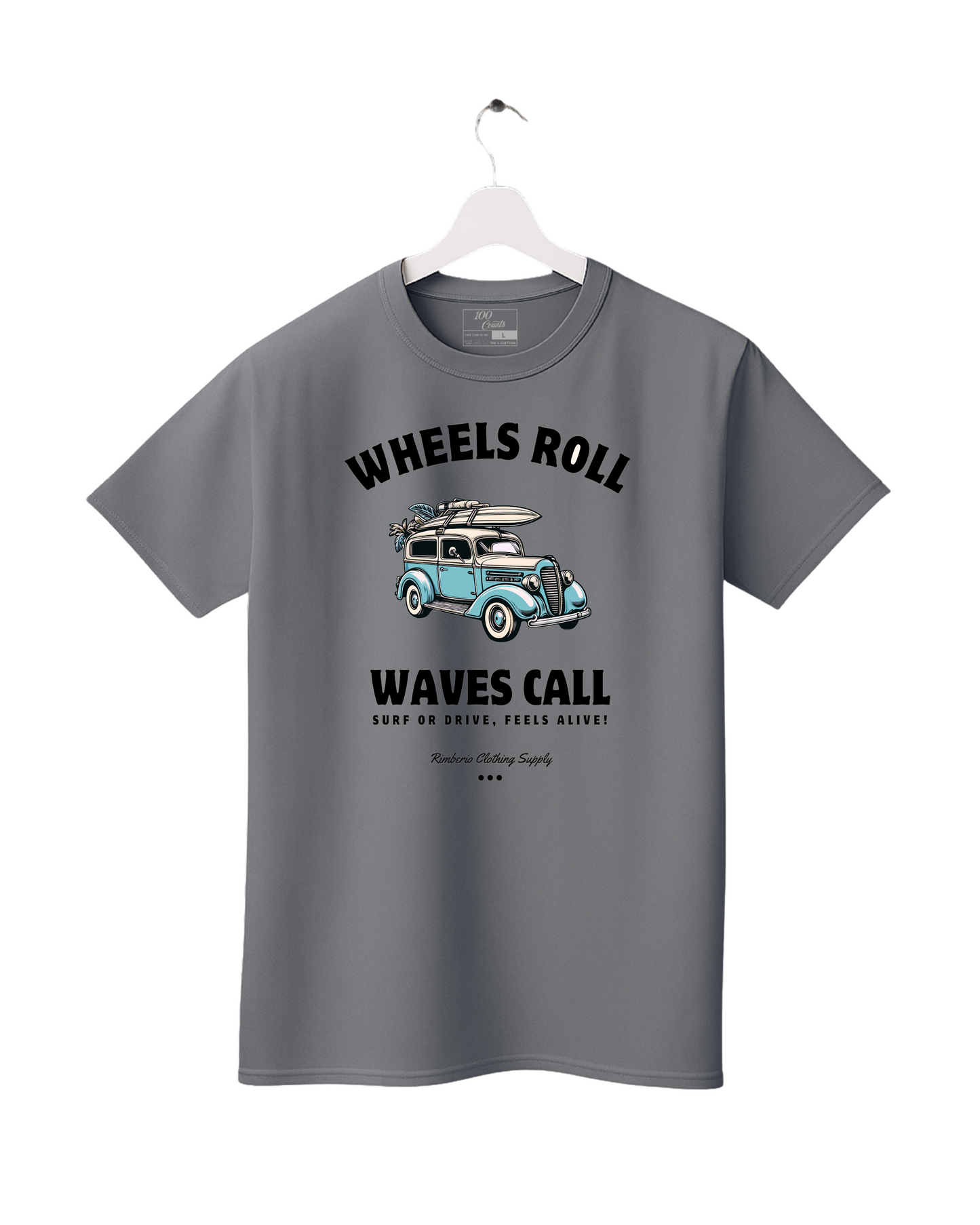 Gray t-shirt with a graphic design of a van and text on a white background