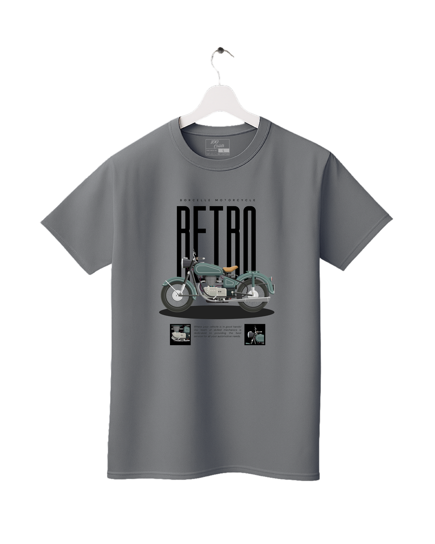 Gray t-shirt with a motorcycle graphic and 'RETRO' text on a white background