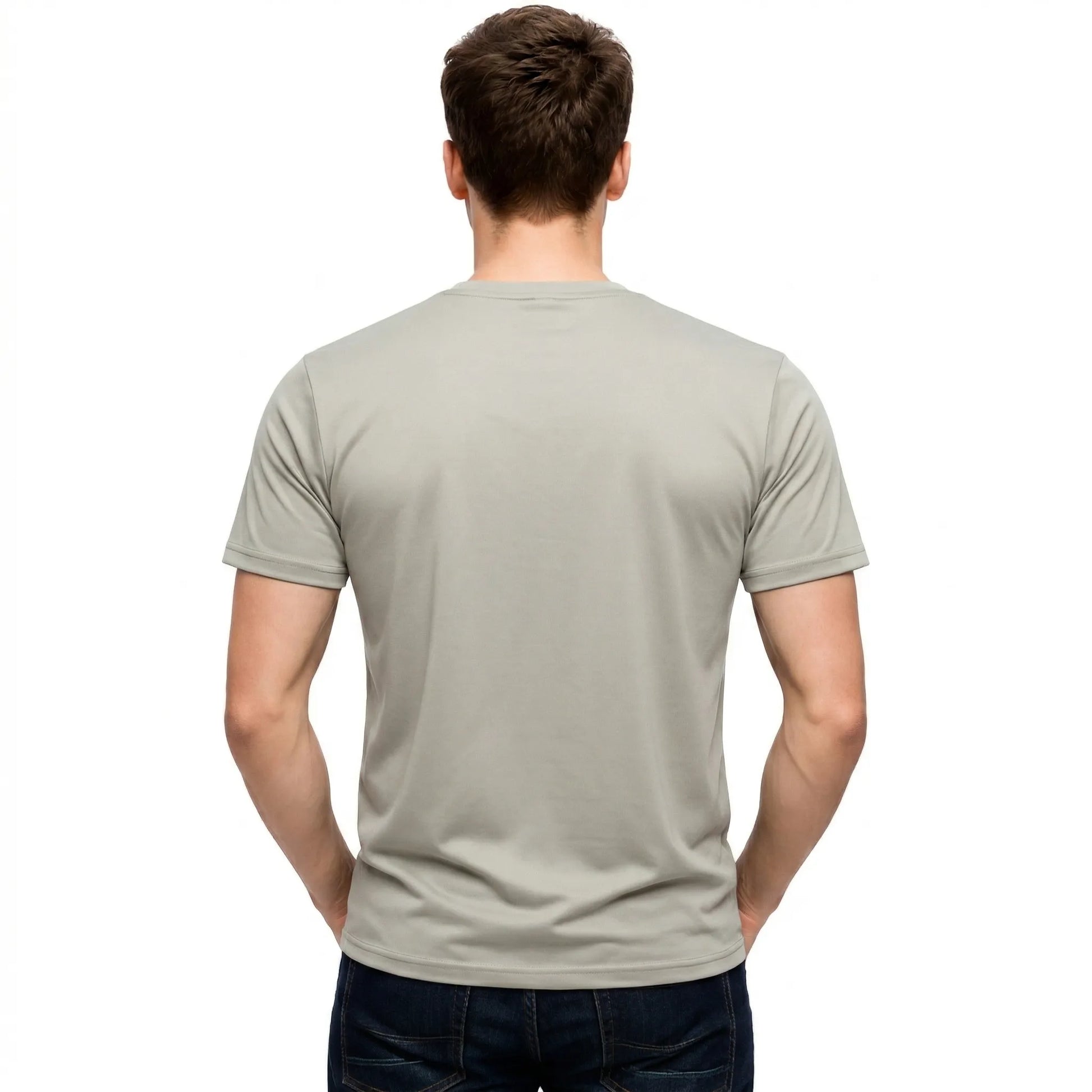 Back view of a male model wearing a blank Light Grey 220GSM half sleeve t-shirt made of 100% Australian Combed Cotton.