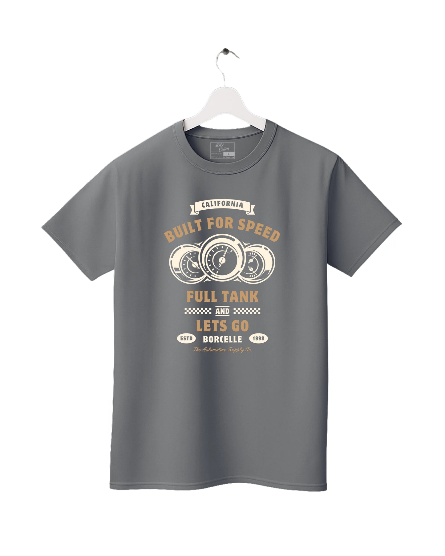 Grey t-shirt with graphic design on a white background