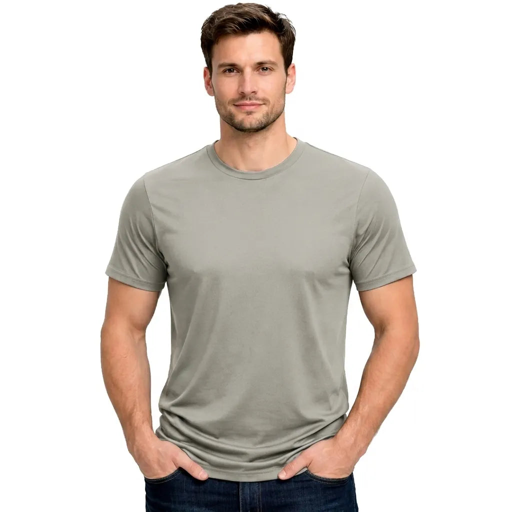 Front view of a male model wearing a blank Light Grey 220GSM half sleeve t-shirt made of 100% Australian Combed Cotton.