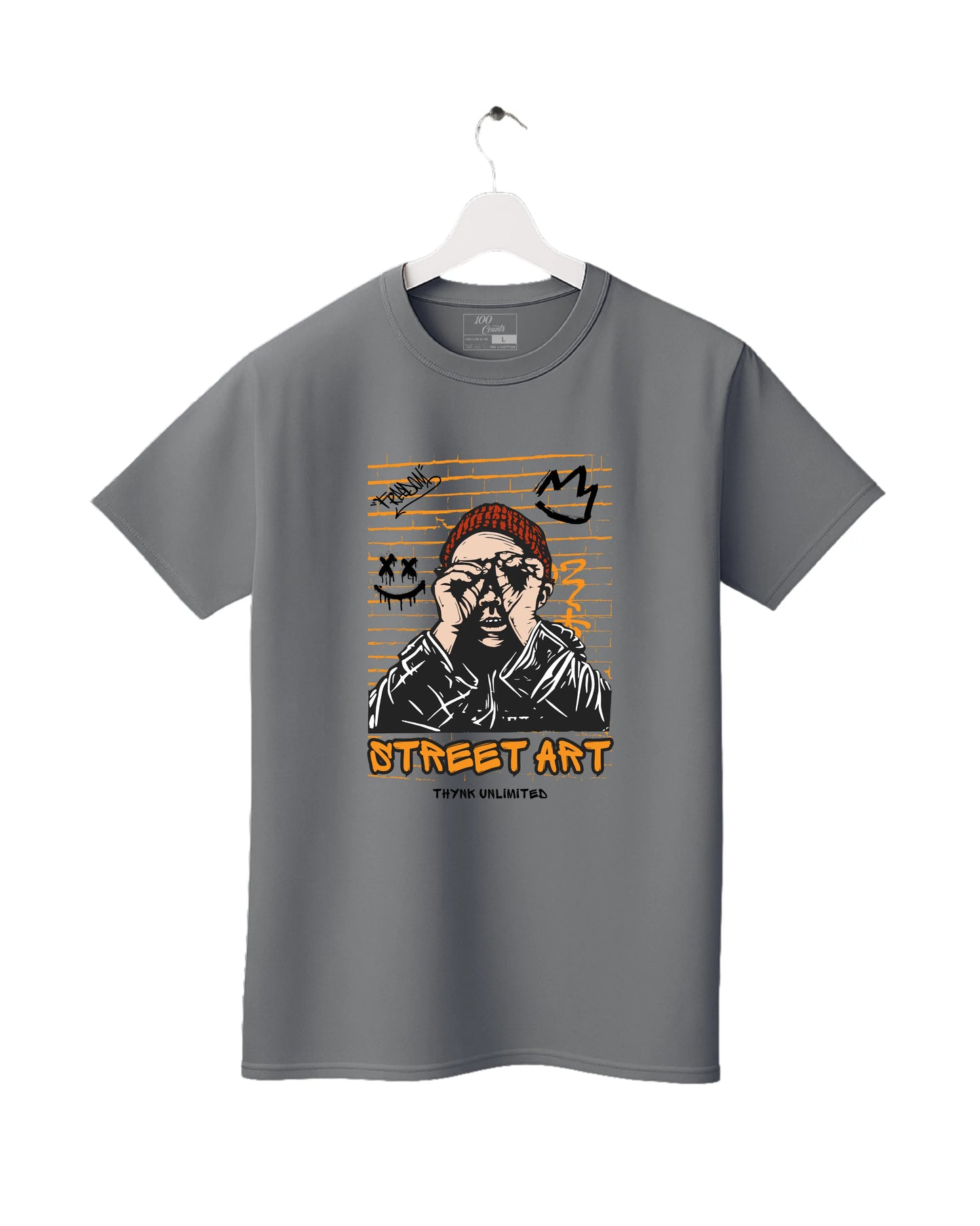 Grey t-shirt with a graphic design on a white background