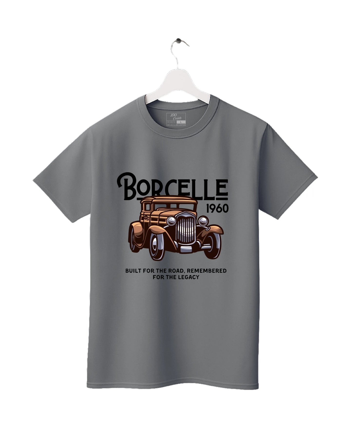 Gray t-shirt with vintage car graphic and text on a white background