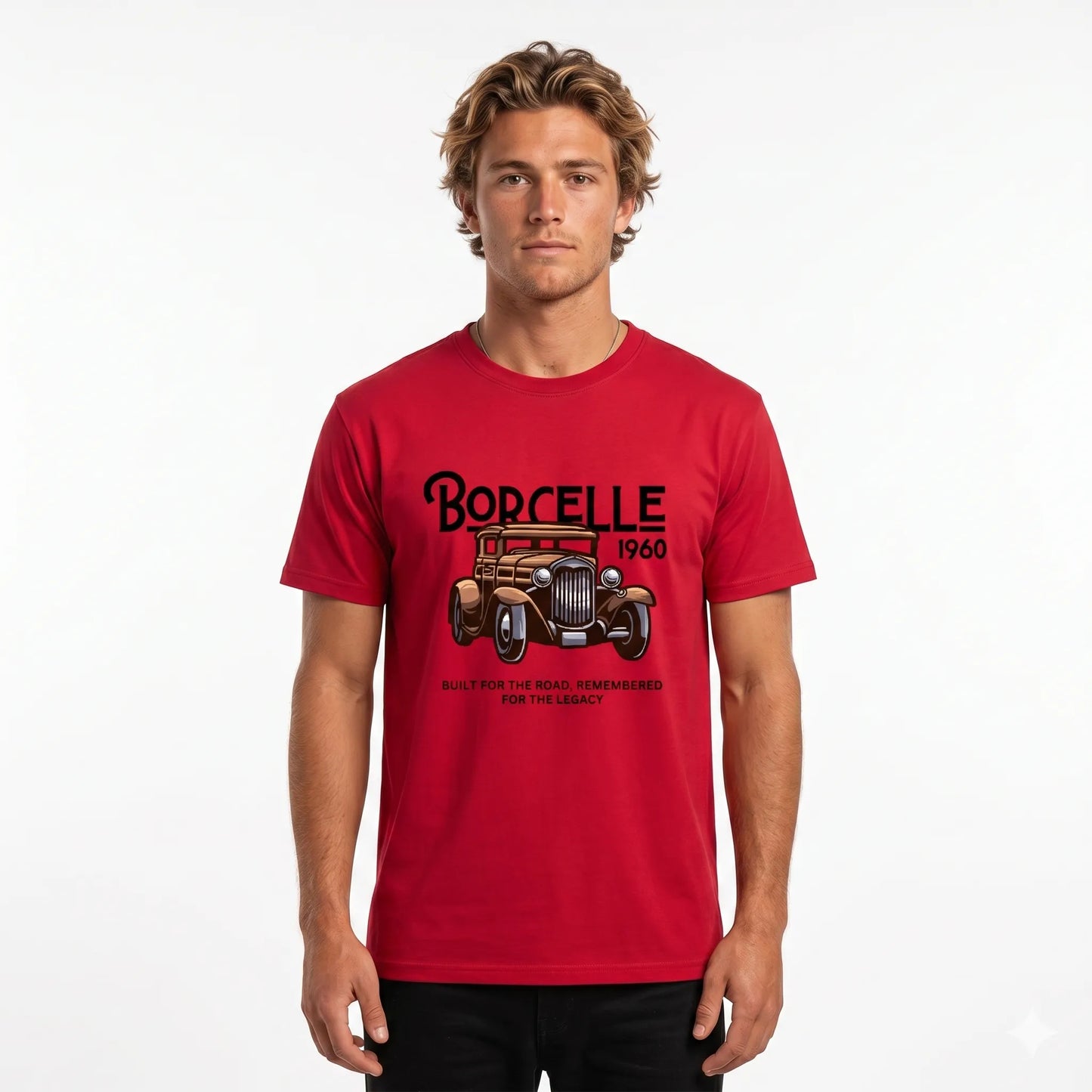 Man wearing a red t-shirt with a vintage car graphic and text on a white background