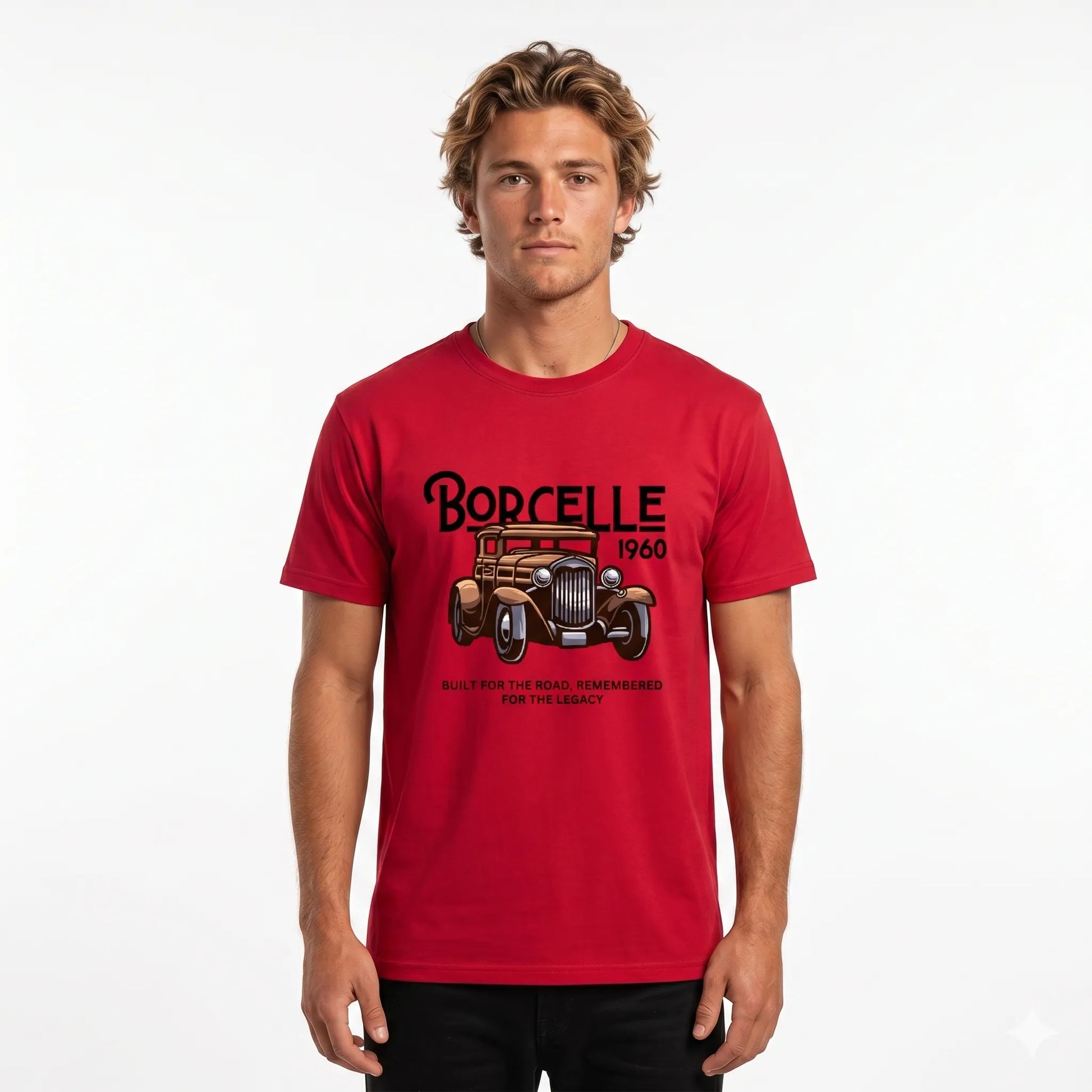 Man wearing a red t-shirt with a vintage car graphic and text on a white background