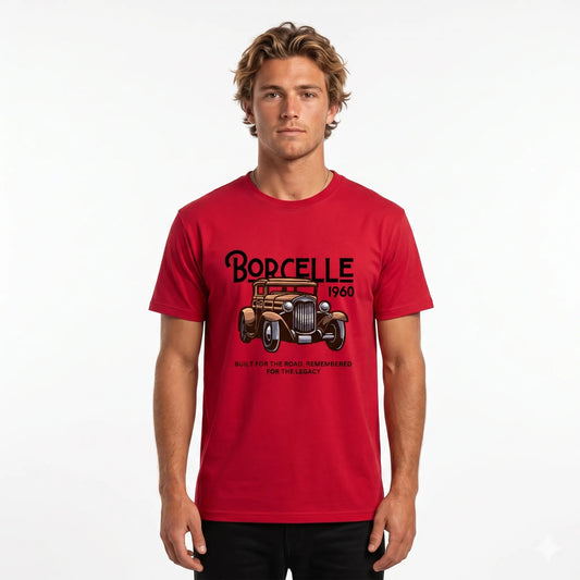 Man wearing a red t-shirt with a vintage car graphic and text on a white background