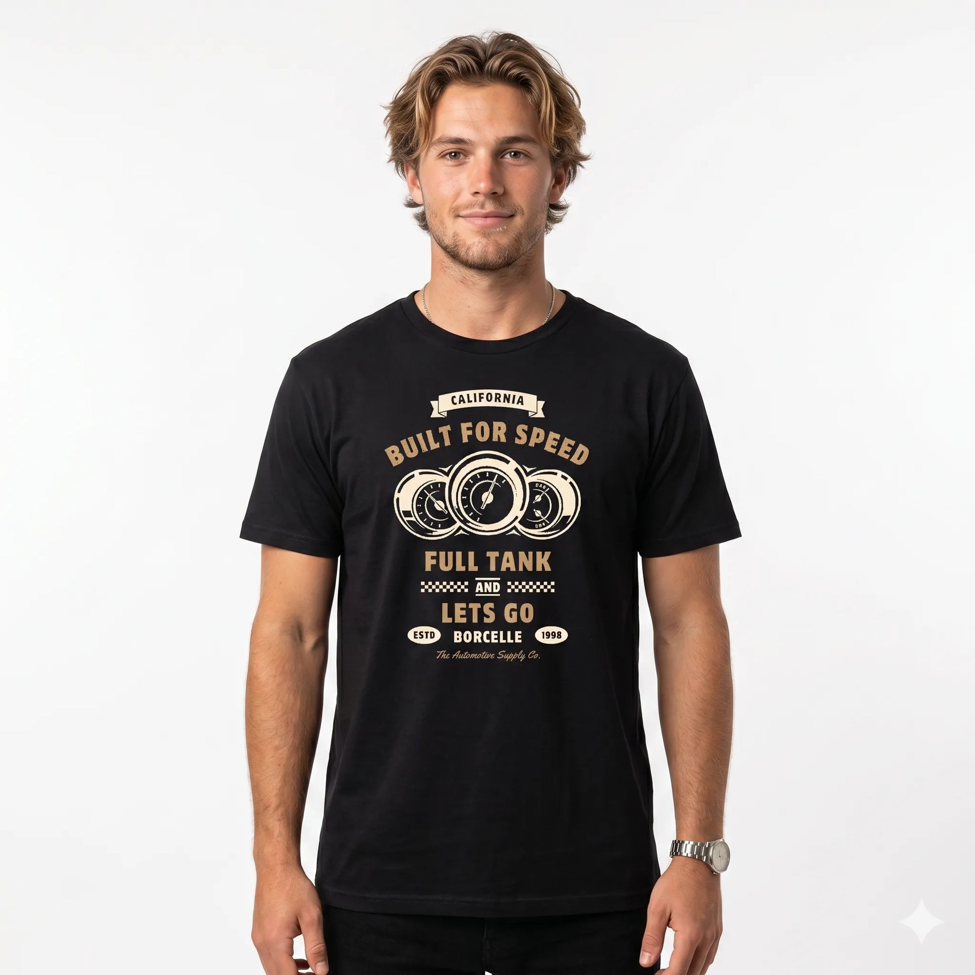 Man wearing a black t-shirt with white text and graphics on a white background