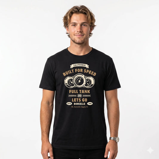 Man wearing a black t-shirt with white text and graphics on a white background