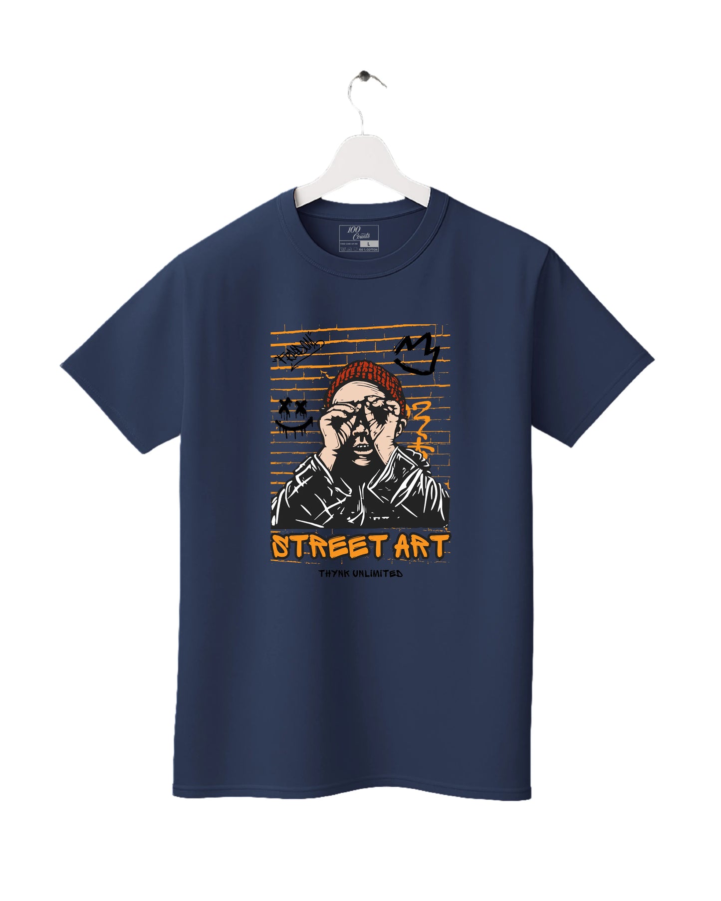 Navy blue t-shirt with street art design on a white background