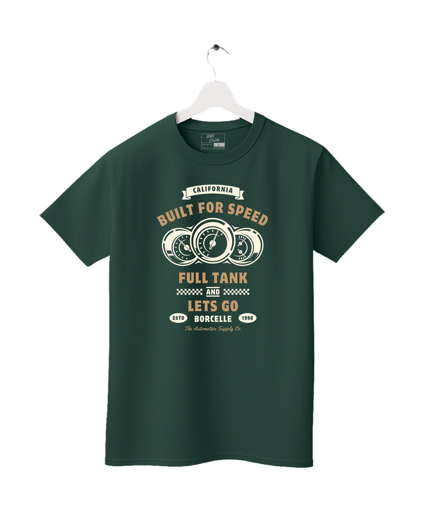 Green t-shirt with racing-themed design on a white background