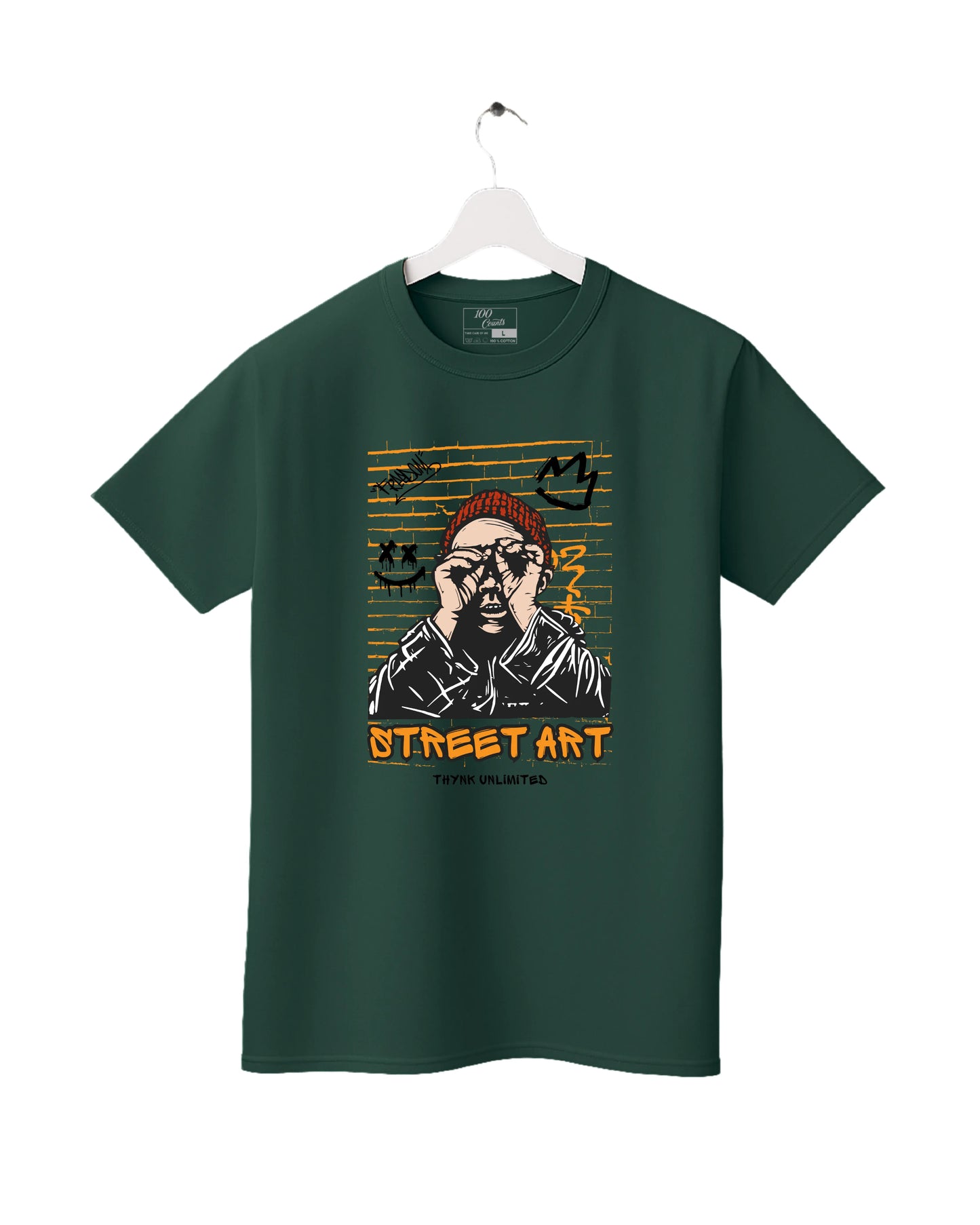 Green t-shirt with street art design on a white background