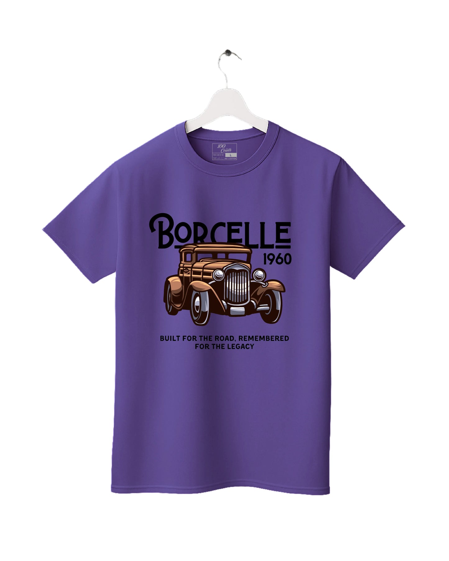 Purple t-shirt with vintage car graphic and text on a white background