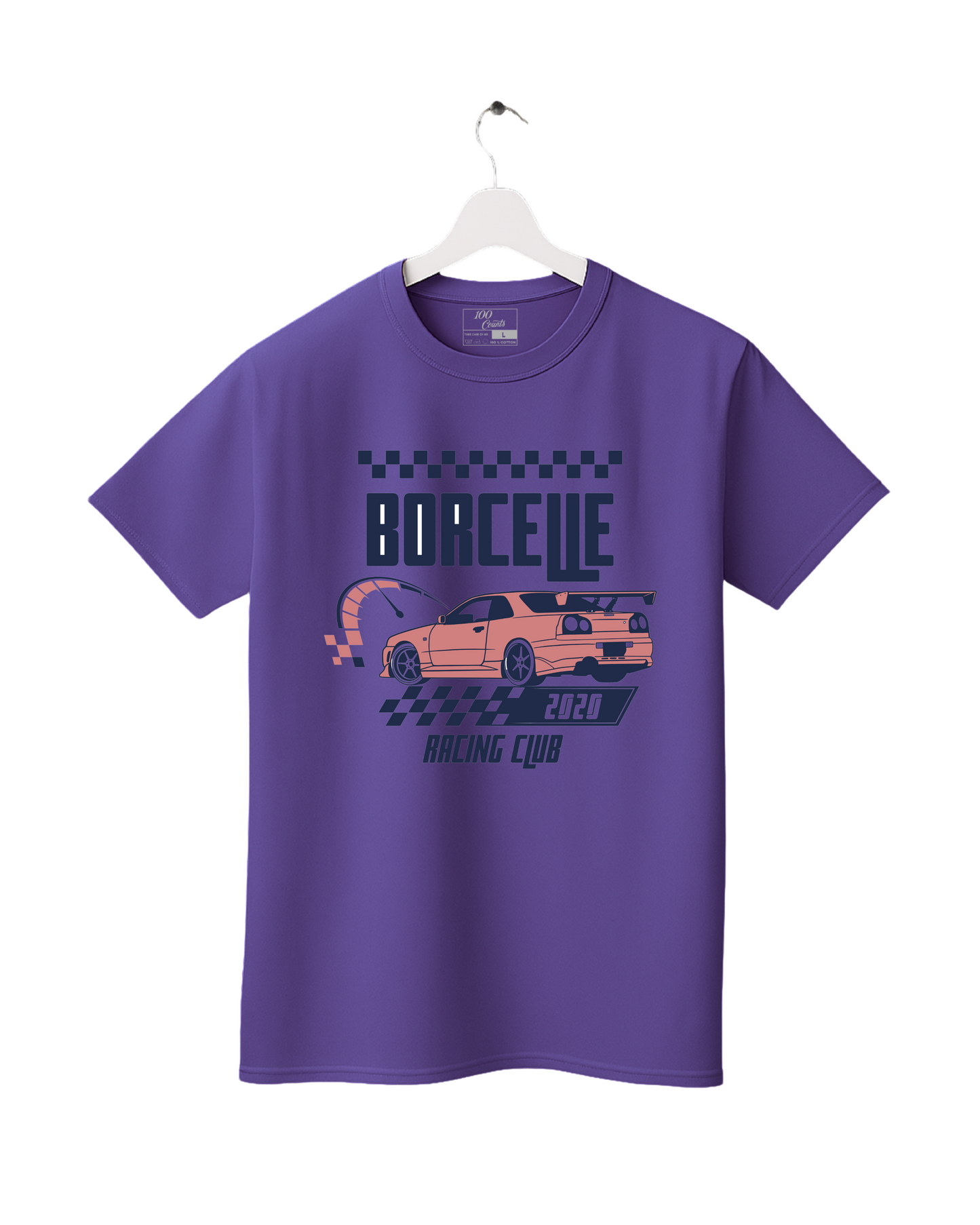 Purple t-shirt with racing car graphic on a white background