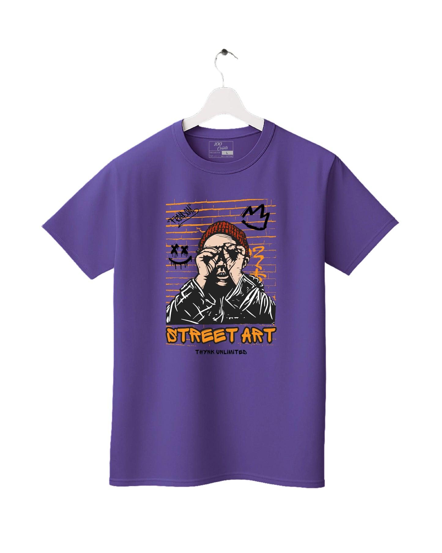 Purple t-shirt with street art design on a white background