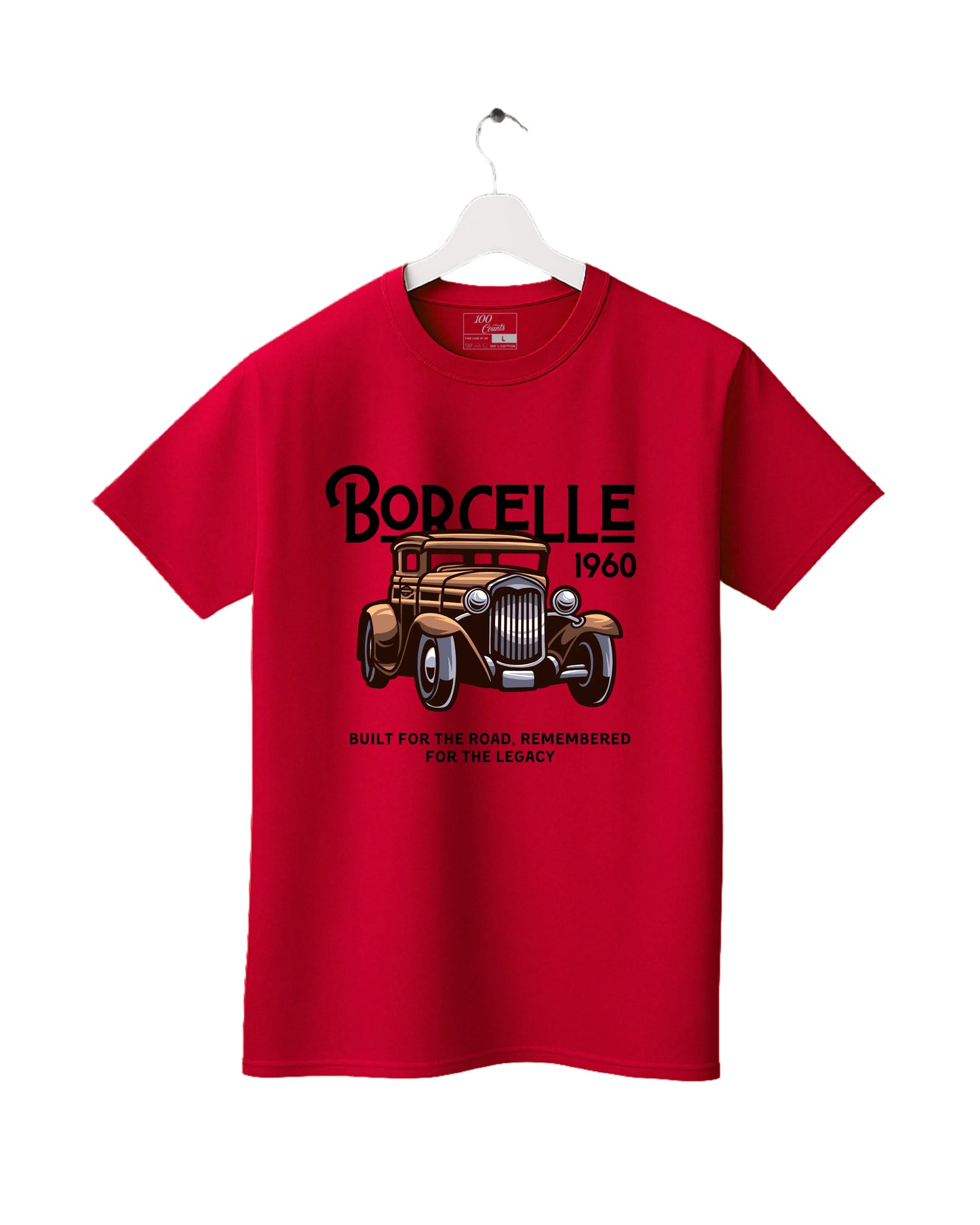 Red t-shirt with vintage car graphic and text on a white background