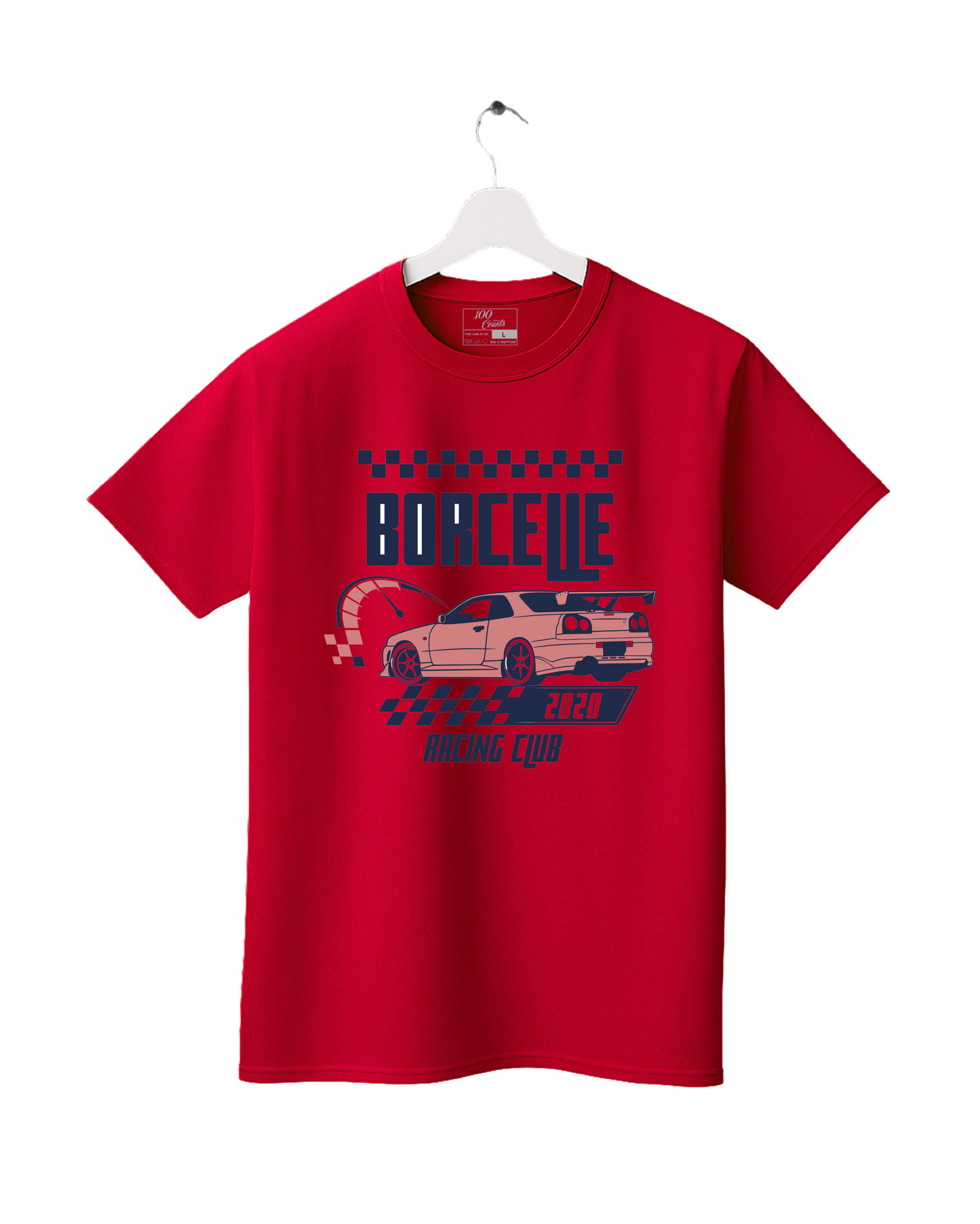 Red t-shirt with car graphic and text on a white background