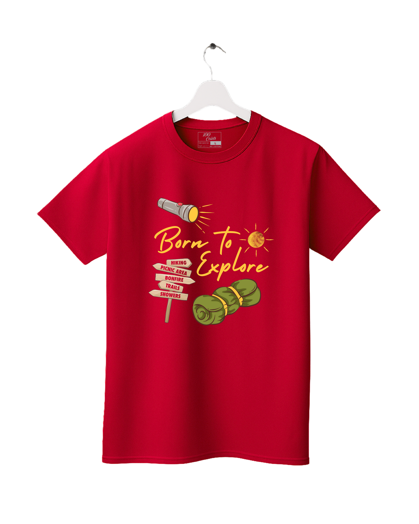 Red t-shirt with 'Born to Explore' graphic on a white background
