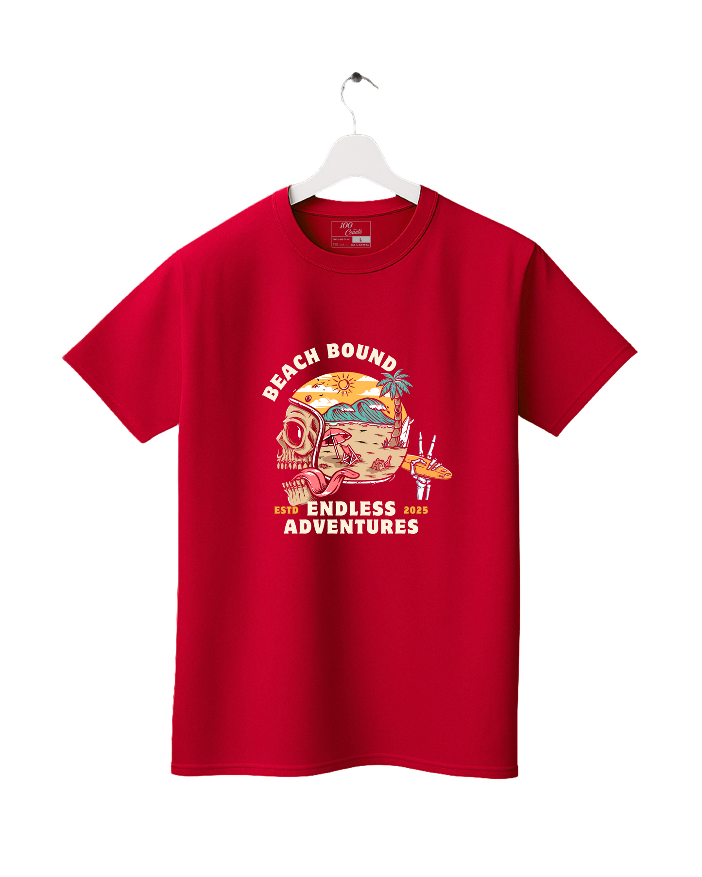 Red t-shirt with a graphic design on a white background