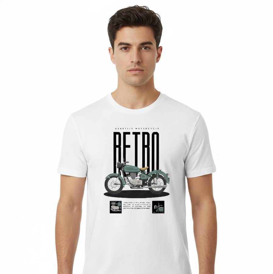Man wearing a white t-shirt with a graphic design of a vintage motorcycle and the word 'RETRO'.