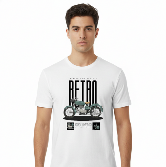 Man wearing a white t-shirt with a graphic design of a vintage motorcycle and the word 'RETRO'.