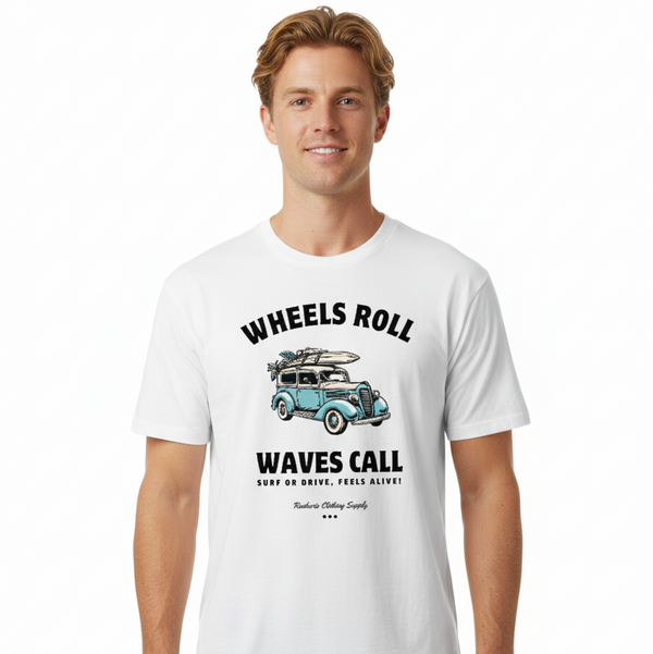 Wheels Roll Waves Call Printed T-Shirt – Men’s Graphic Surf Tee
