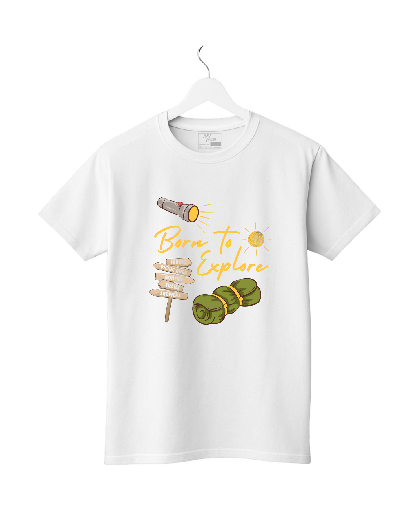 White t-shirt with 'Born to Explore' graphic on a white background