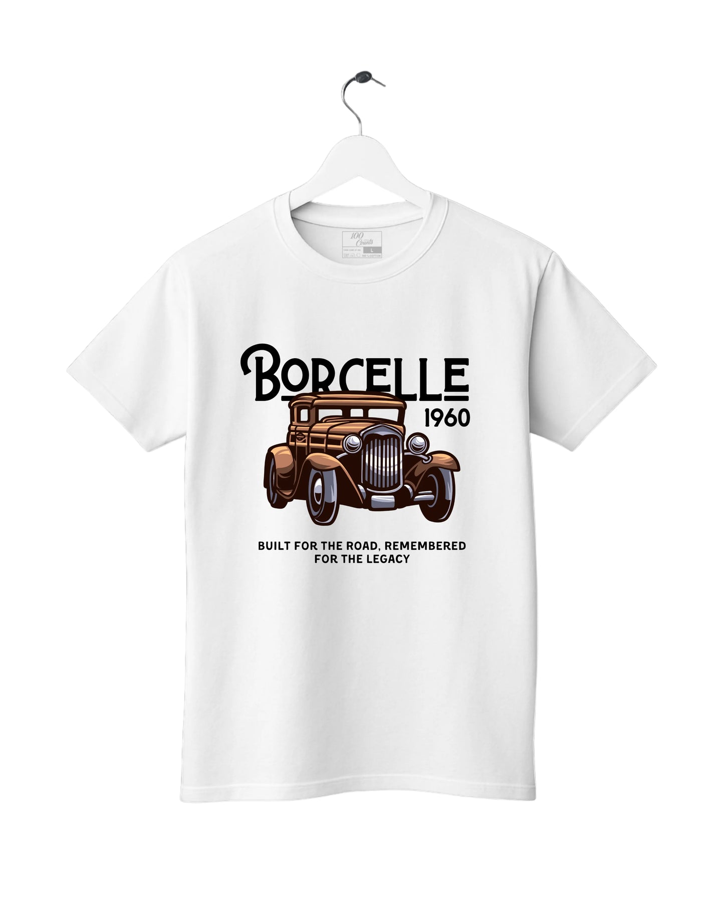 White t-shirt with vintage car graphic and text on a white background