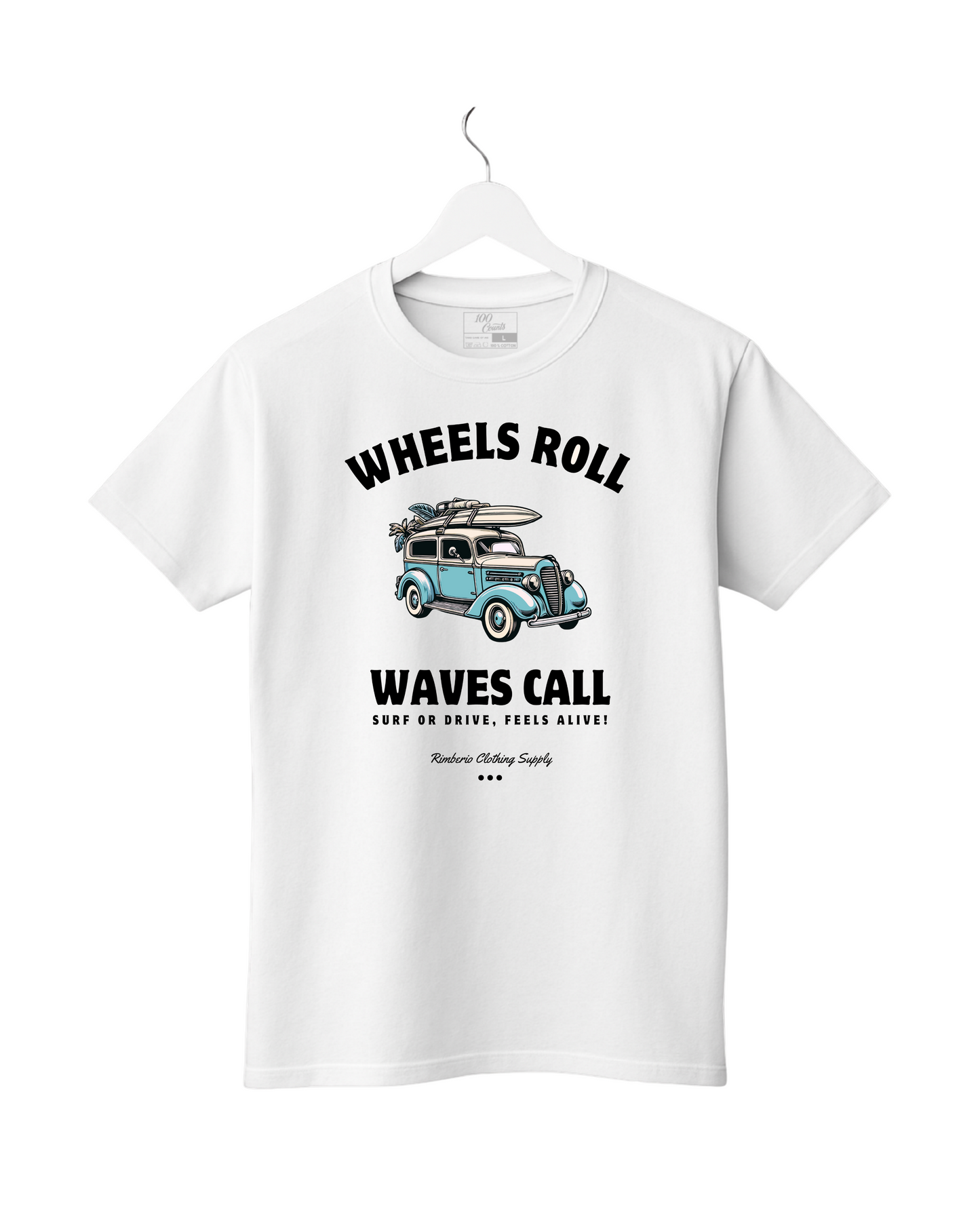 White t-shirt with a graphic of a van and text on a white background