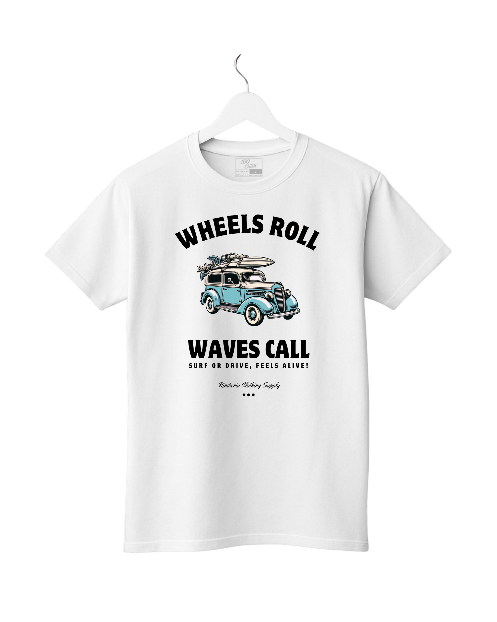 White t-shirt with a graphic of a van and text on a white background