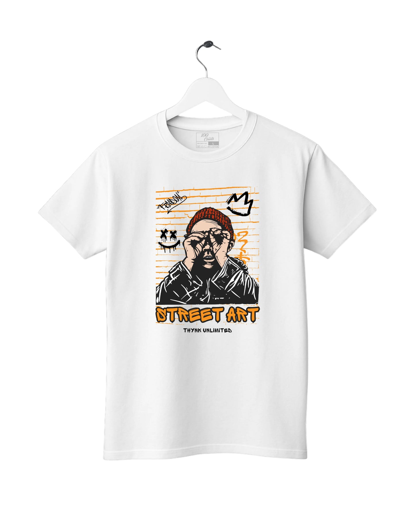 White t-shirt with street art design on a white background