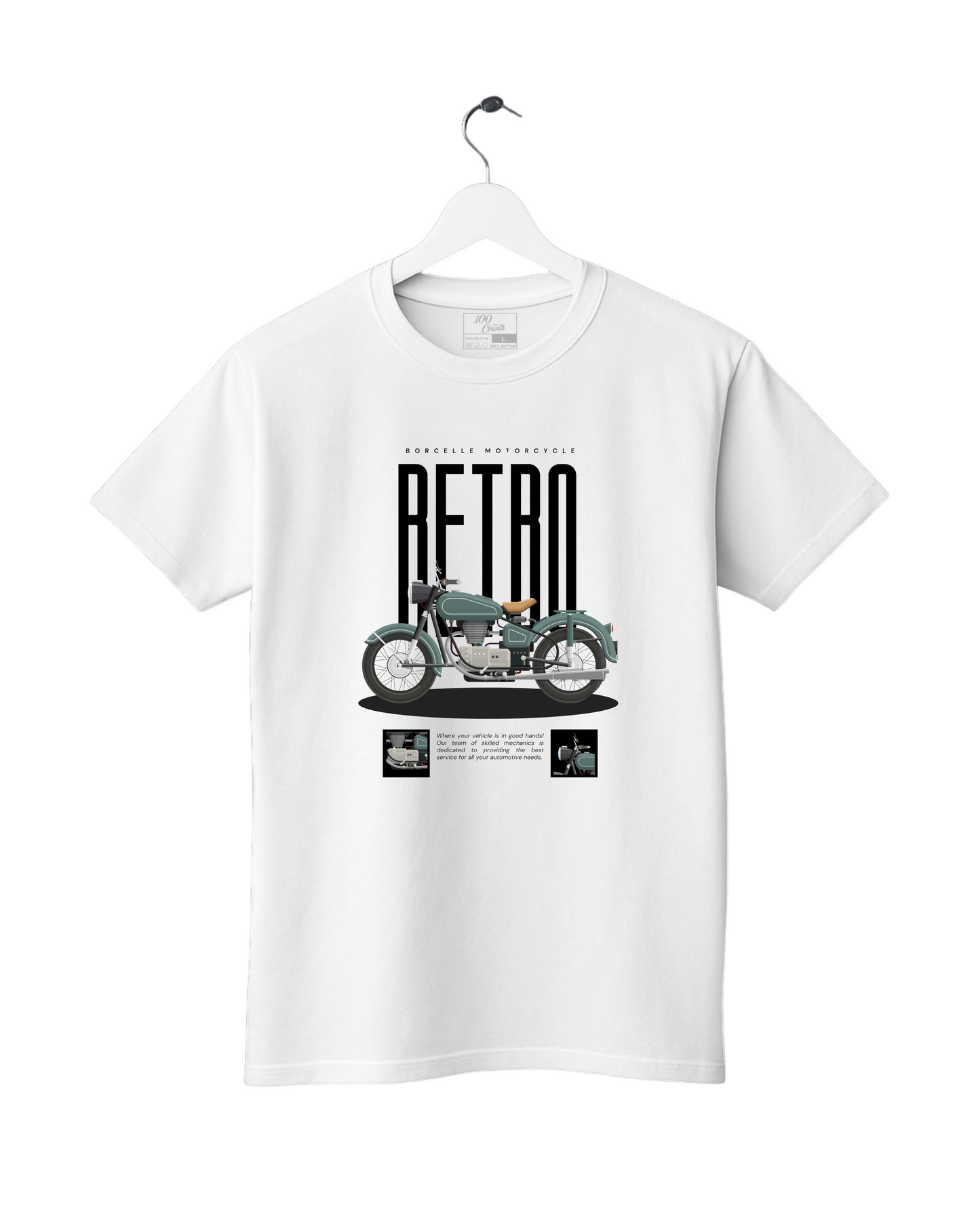 White t-shirt with a graphic of a vintage motorcycle and 'RETRO' text on a hanger against a white background