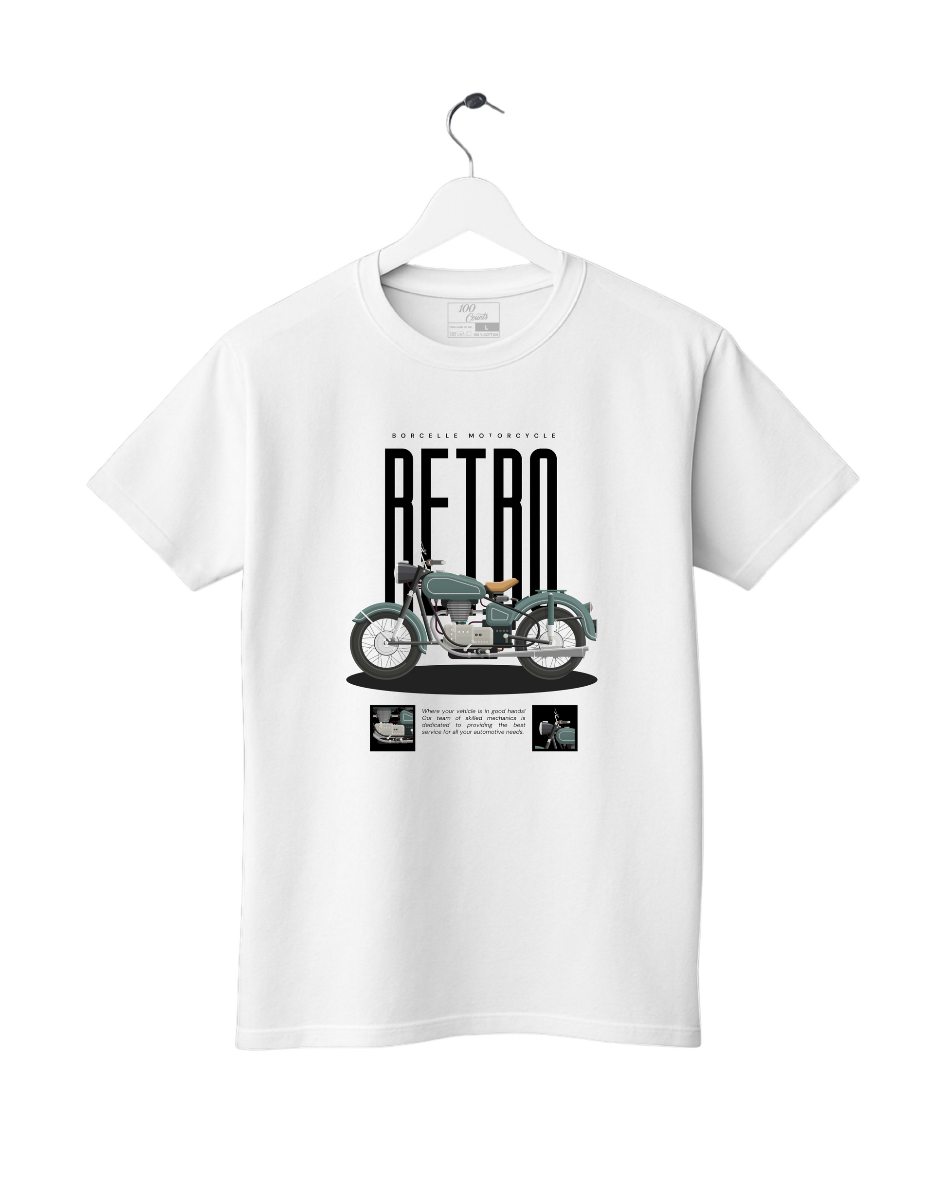 White t-shirt with a graphic of a vintage motorcycle and 'RETRO' text on a hanger against a white background