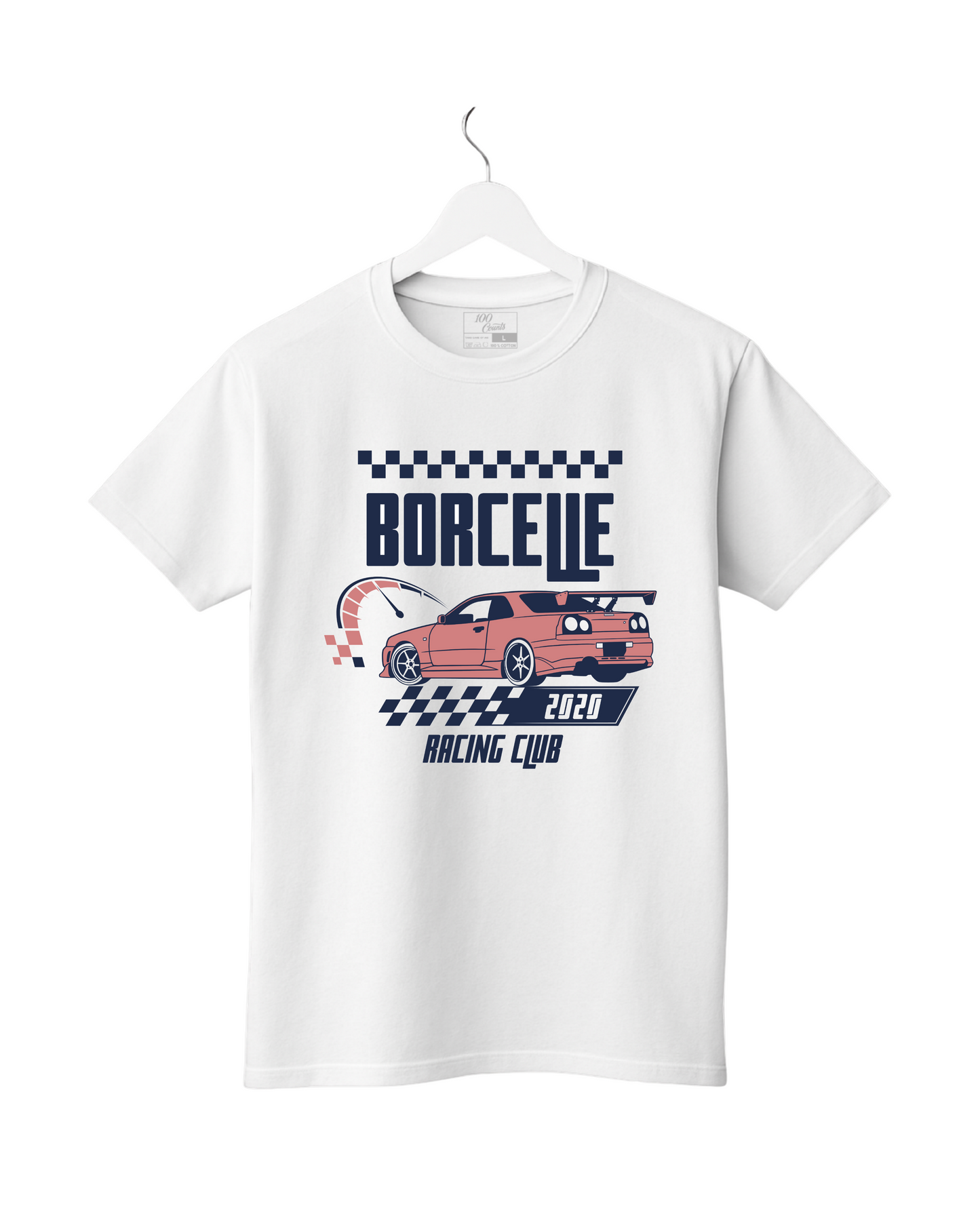 White t-shirt with a racing car graphic and text on a white background